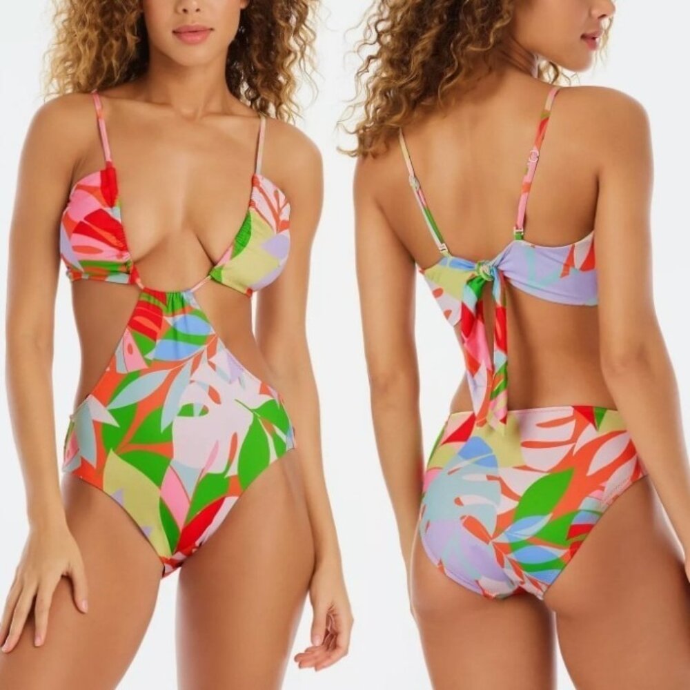 Sanctuary Summer Palms Banded Monokini Swimsuit Size Large Cut Out Tropical